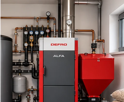 Kocioł na pellet z prawidłowo wykonanymi podłączeniami hydraulicznymi – wizualizacja KM Instal Stargard